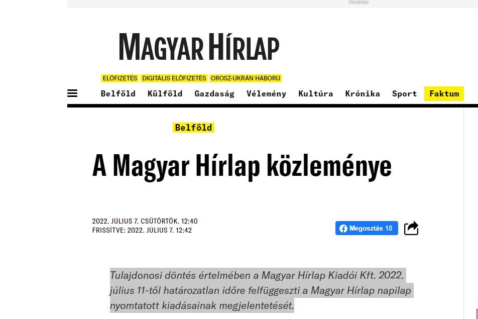 Bizonytalan ideig nem jelenik meg nyomtatásban a Magyar Hírlap