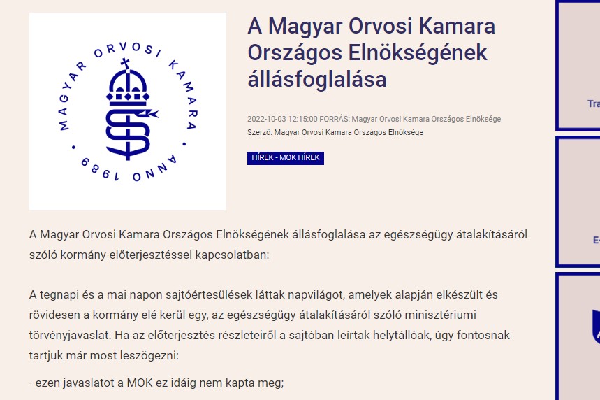 Nem kérdezte meg a kormány a Magyar Orvosi Kamarát az egészségügy átalakításáról 
