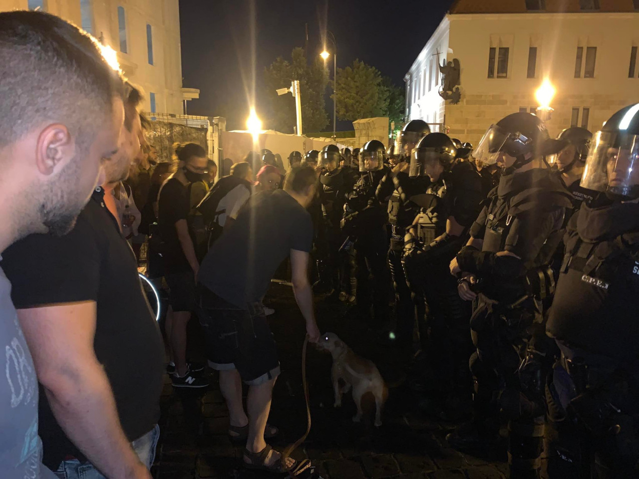 Tüntetők, rendőrök és egy kutya a budai Várban (Fotó: Gulyás Balázs/Magyar Hang)