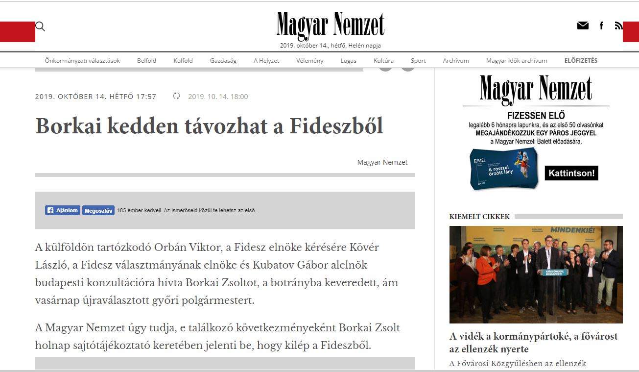 Magyar Nemzet: Borkai kilép a Fideszből